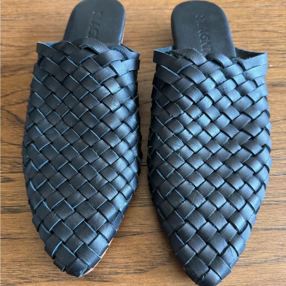 St Agni Paris Black Woven Leather Mules